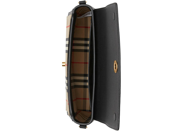 Leather and Vintage Check Note Crossbody Bag Black